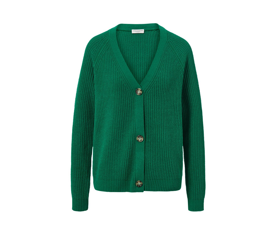 Grüne Grobstrick-Cardigan mit Knöpfen.