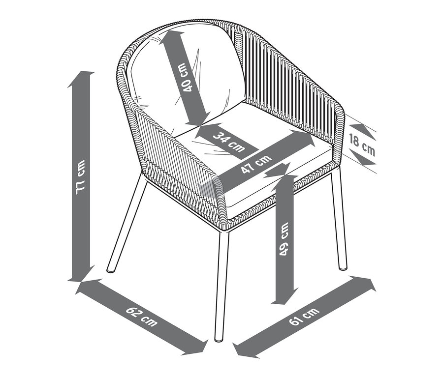 Abmessungen von einem Dining-Sessel mit Textilgeflecht.
