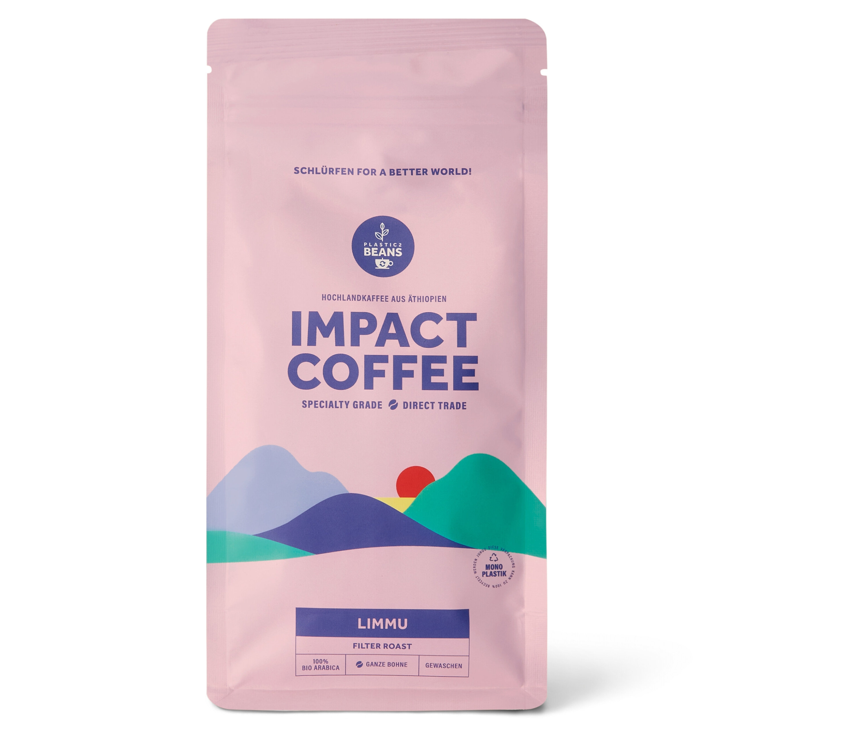 Rosa Packung IMPACT COFFEE - Limmu Omni-Roast Bio - 250 g Ganze Bohne mit Abbildung von Bergen.