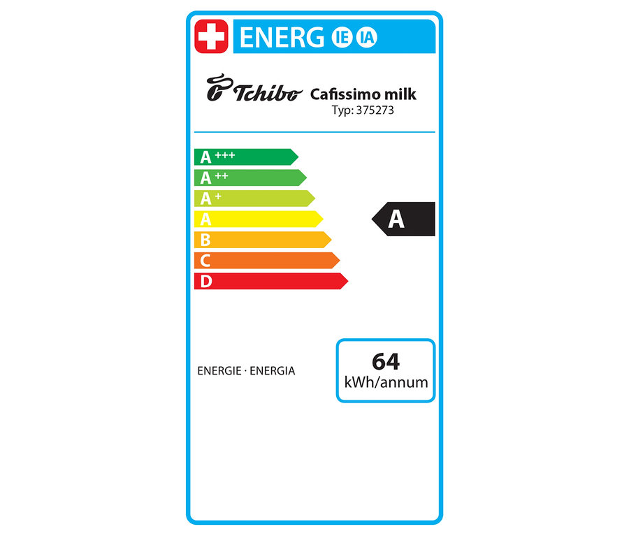 Energielabel für Cafissimo milk mit der Effizienzklasse A und einem Jahresverbrauch von 64 kWh.