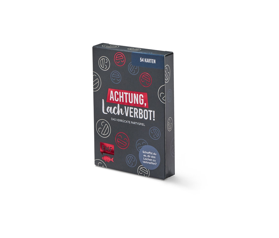 Auf dem Bild ist eine Schachtel des Kartenspiels »Achtung, Lachverbot!« zu sehen.
