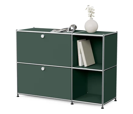 Ein olivgrünes Sideboard Metall »CN3« mit 2 Klappenfächern. Auf dem Sideboard liegen eine Zeitung und neben dem Sideboard befindet sich ein offenes Regal mit Büchern und einer Vase.