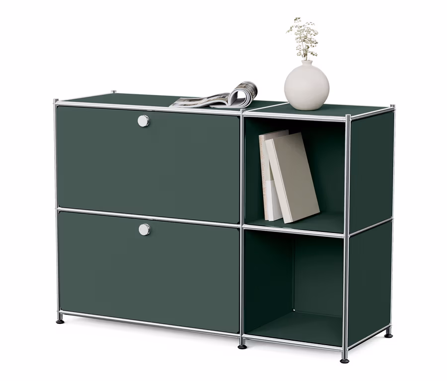 Ein olivgrünes Sideboard Metall »CN3« mit 2 Klappenfächern. Auf dem Sideboard liegen eine Zeitung und neben dem Sideboard befindet sich ein offenes Regal mit Büchern und einer Vase.