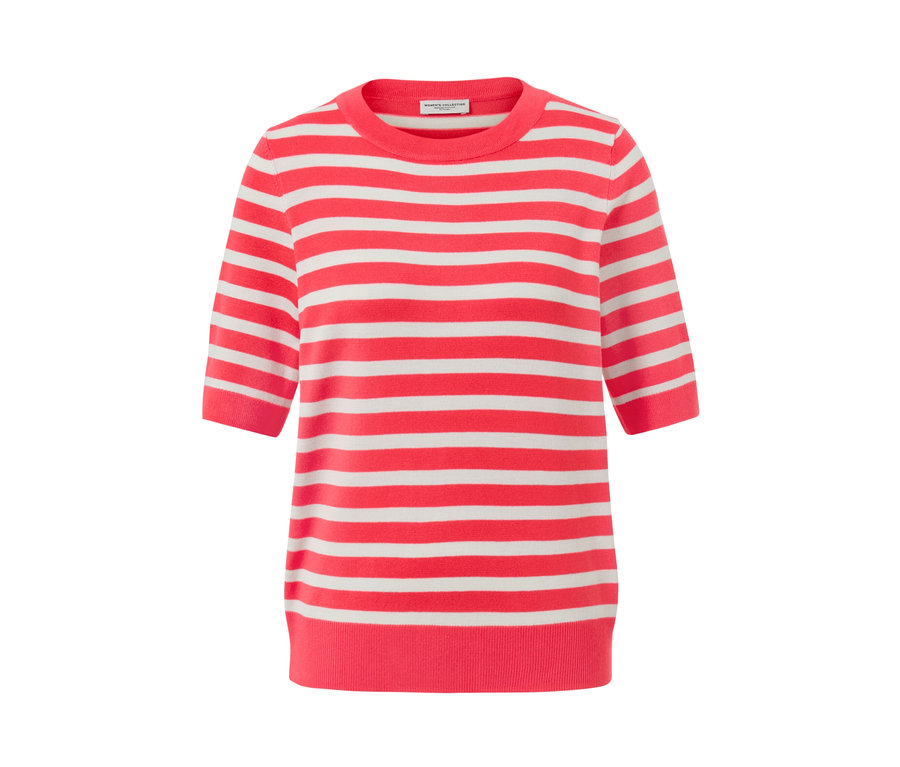 Gestreifter Feinstrickpullover mit kurzen Ärmeln.