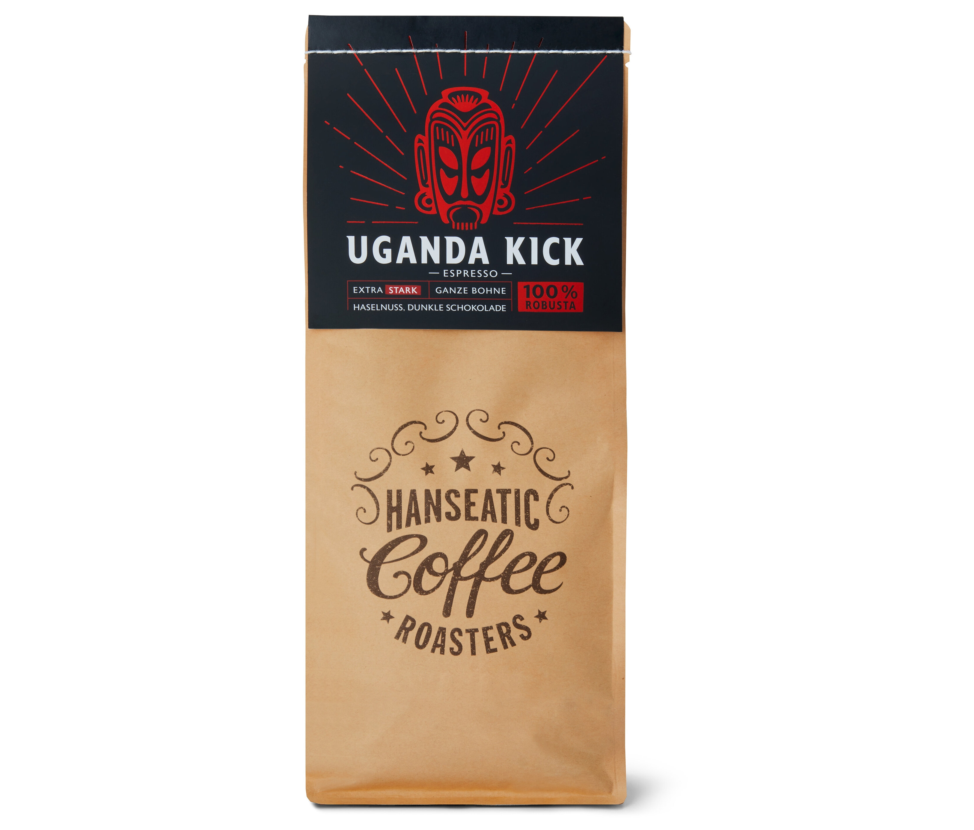 Eine Packung Hanseatic - Uganda Kick Espresso - 1 kg Ganze Bohne.