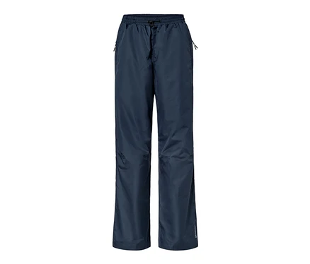 Dunkelblaue Unisex-Regenhose mit elastischem Bund und seitlichen Reißverschlusstaschen.