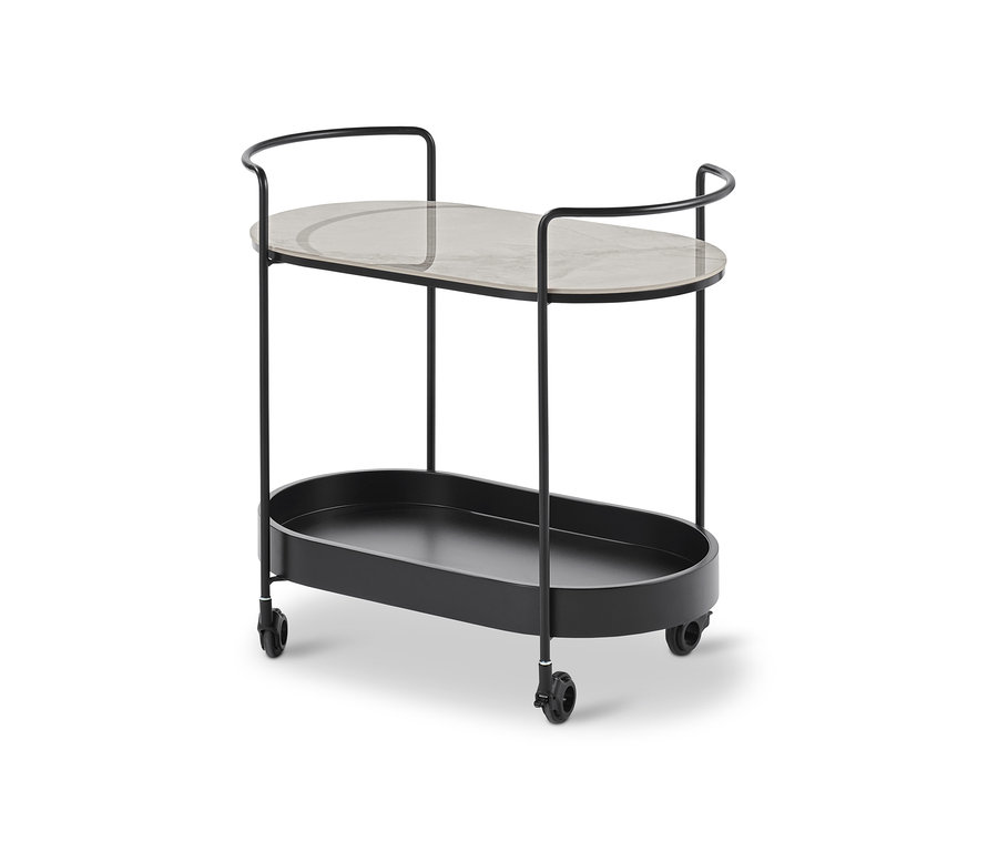 Ein Servierwagen in Marmoroptik mit zwei Ablagen und schwarzem Rahmen.
