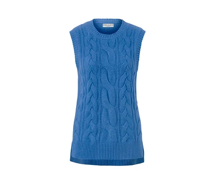 Blauer Strick-Pullunder mit Zopfmuster.