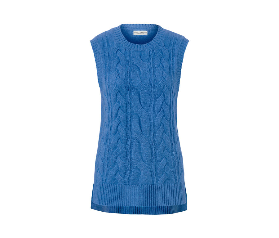 Blauer Strick-Pullunder mit Zopfmuster.