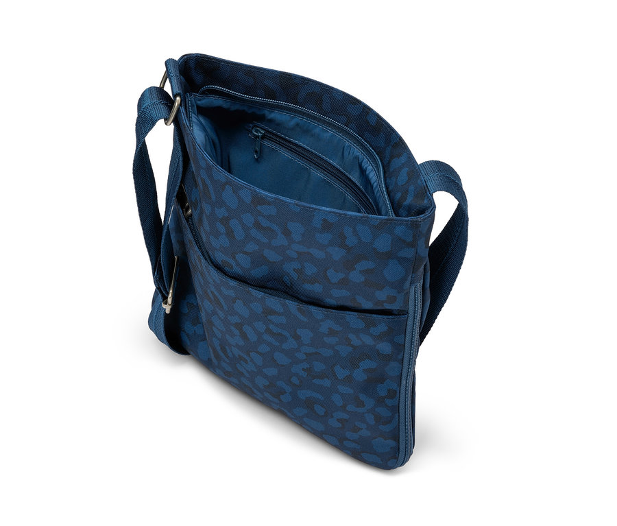 Blaue Sicherheits-Umhängetasche mit Leopardenmuster.