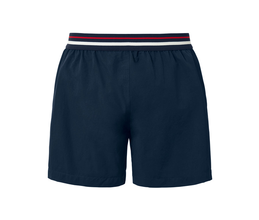 Marineblaue Badeshorts mit rot-weiß gestreiftem Bund.