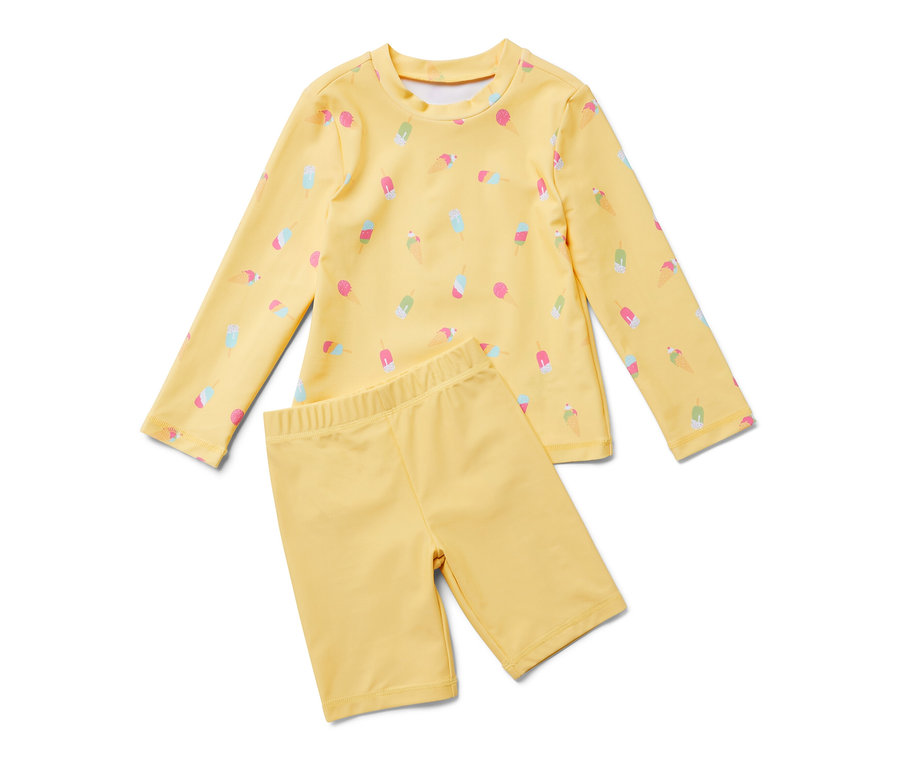 Gelbes Kinder-Kombi mit UV-Schutzfaktor 80, mit Eis-Muster.