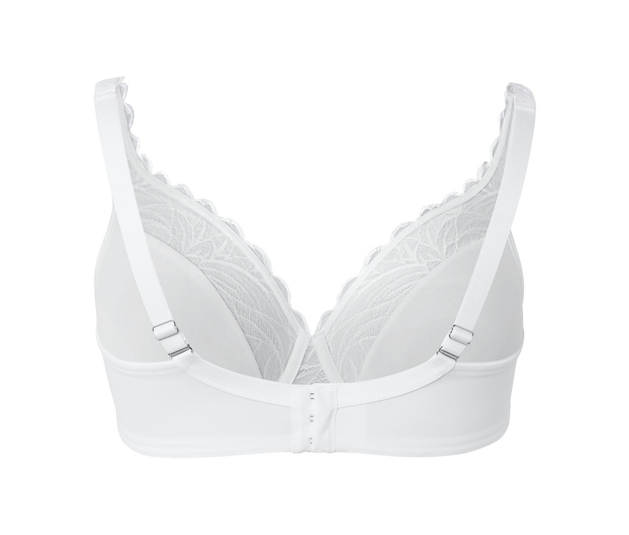 Detailansicht von hinten eines weißen Bügel-BHs.