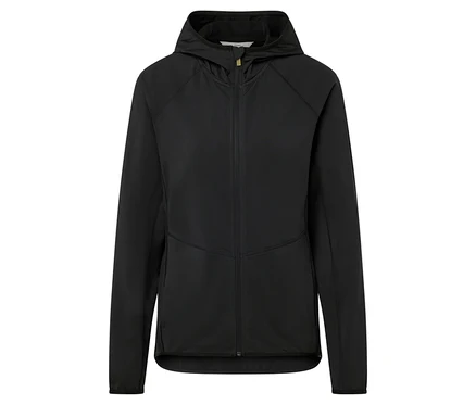 Schwarze Kapuzenjacke mit Reißverschluss in der Mitte.