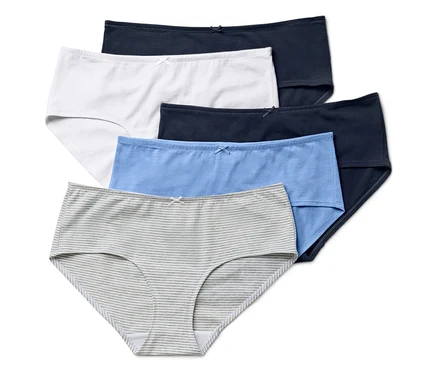 Fünf Damen Slips in verschiedenen Farben (weiß, blau, dunkelblau und gestreift).