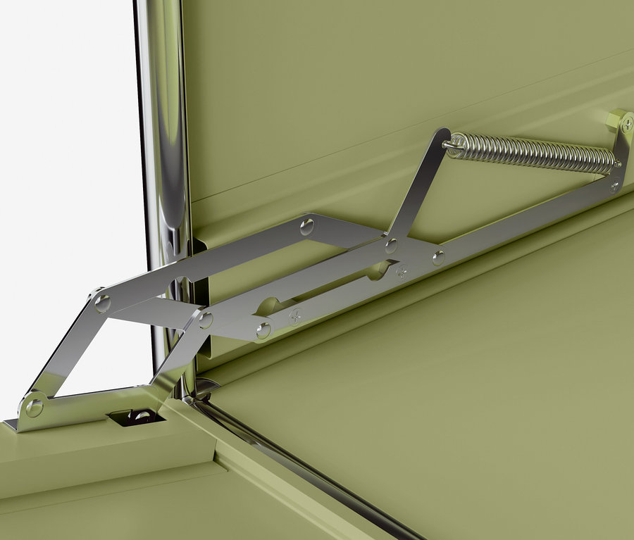 Detailaufnahme vom Inneren eines offenen Metallschranks mit Federscharnier-Mechanismus.