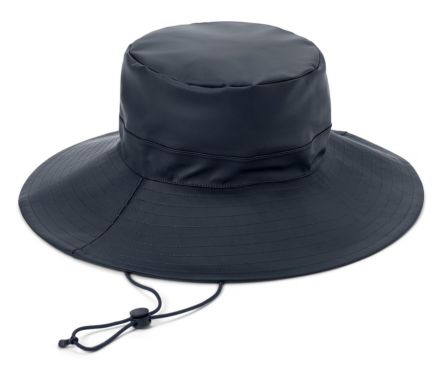 Dunkelblauer Hut mit breiter Krempe und Kordelzug auf weißem Hintergrund.