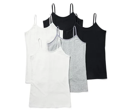 Fünf Tanktops in Weiß, Grau und Schwarz. Die Tanktops haben dünne Träger.