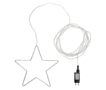 Beleuchteter Stern mit Stromkabel und Adapter.
