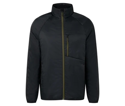 Schwarze Jacke mit Reißverschluss und Brusttasche.
