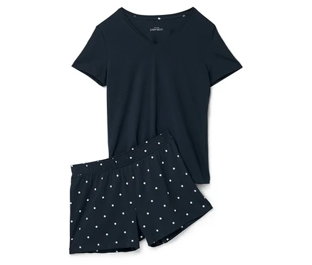 Marineblauer Shorty-Pyjama mit weißen Punkten, bestehend aus einem T-Shirt und Shorts.