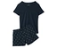 Marineblauer Shorty-Pyjama mit weißen Punkten, bestehend aus einem T-Shirt und Shorts.