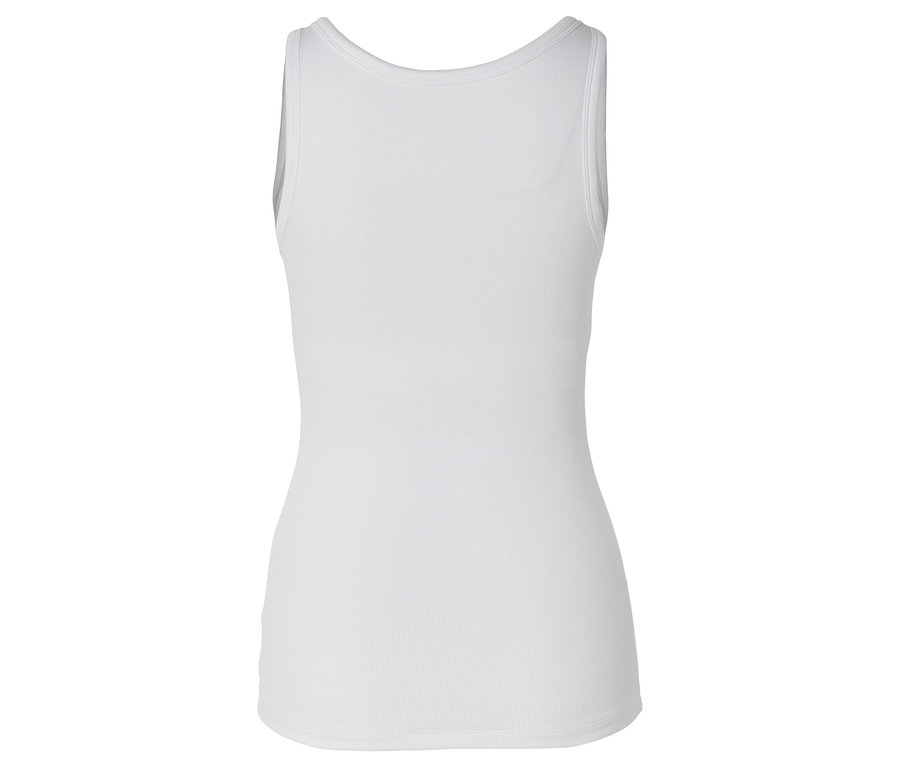 Rückansicht eines weißen, gerippten Tanktops mit Rundhalsausschnitt.