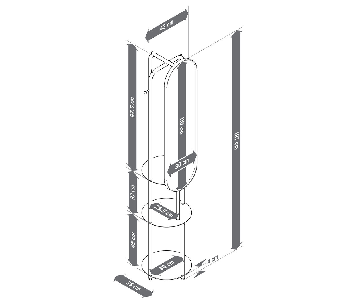 Draufsicht einer Standgarderobe mit großem Spiegel und Maßangaben.