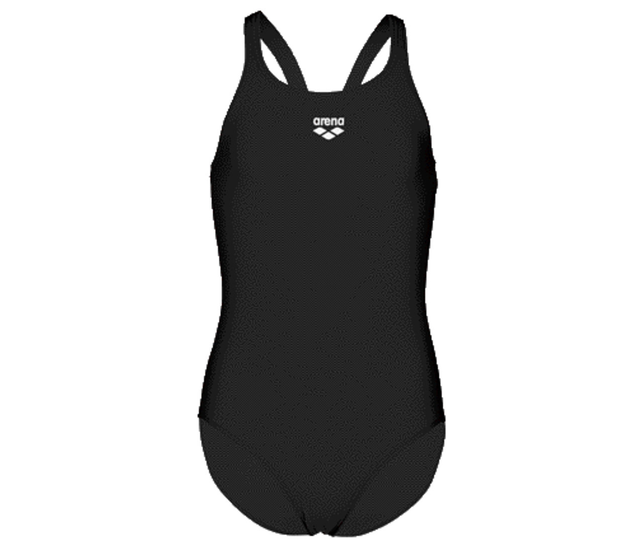 Schwarzer Arena Badeanzug mit Trägern und Arena Logo auf der Vorderseite.