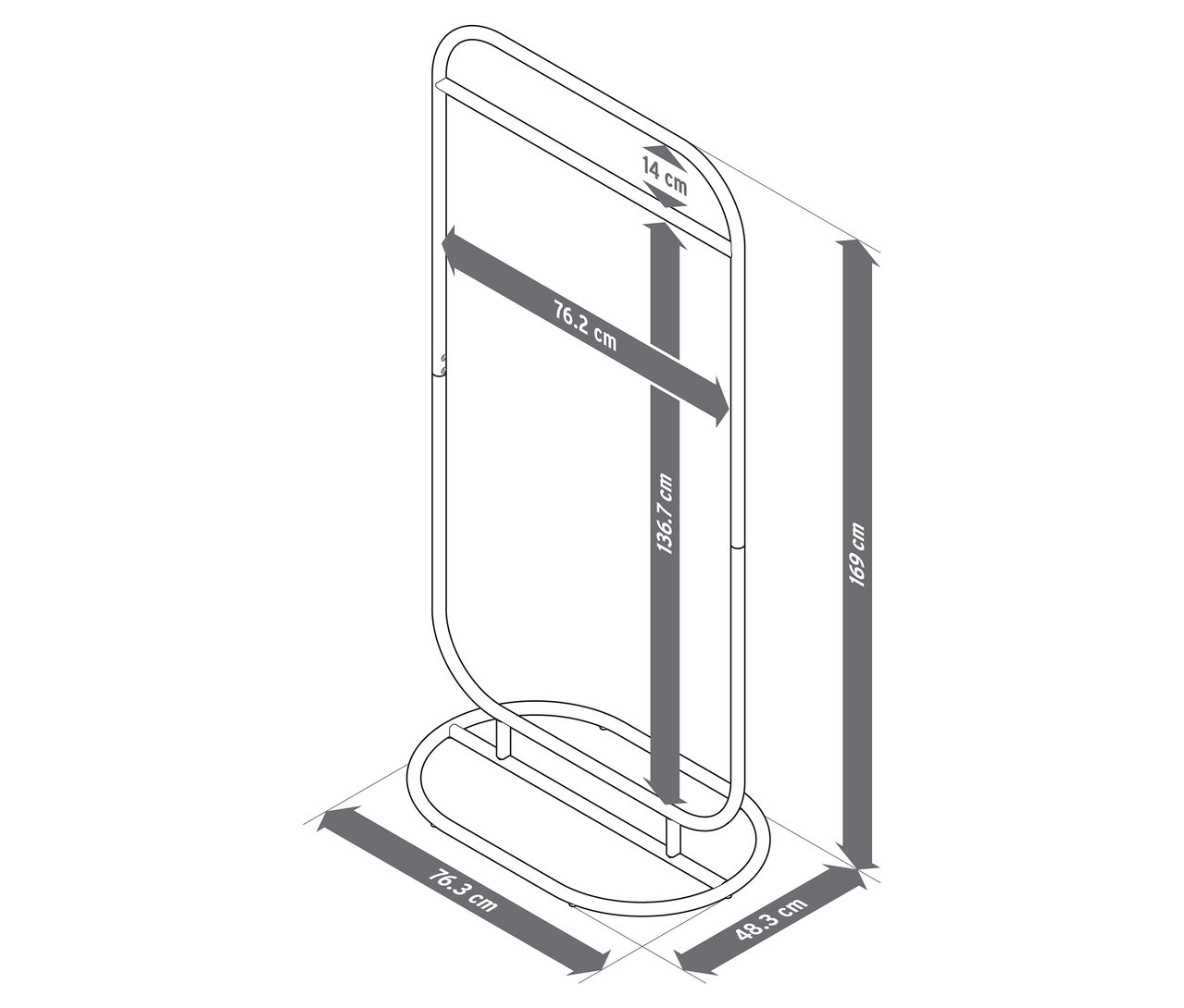Abbildung eines freistehenden Garderobenständers mit Maßangaben.
