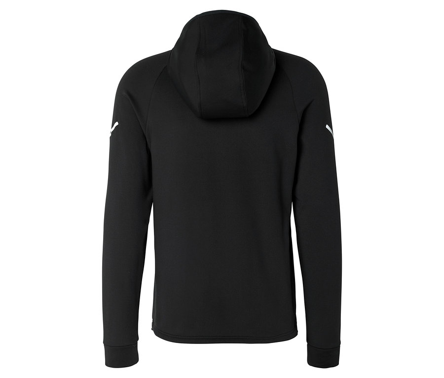 Rückansicht einer schwarzen Kapuzenjacke mit weißen Streifen an den Ärmeln.