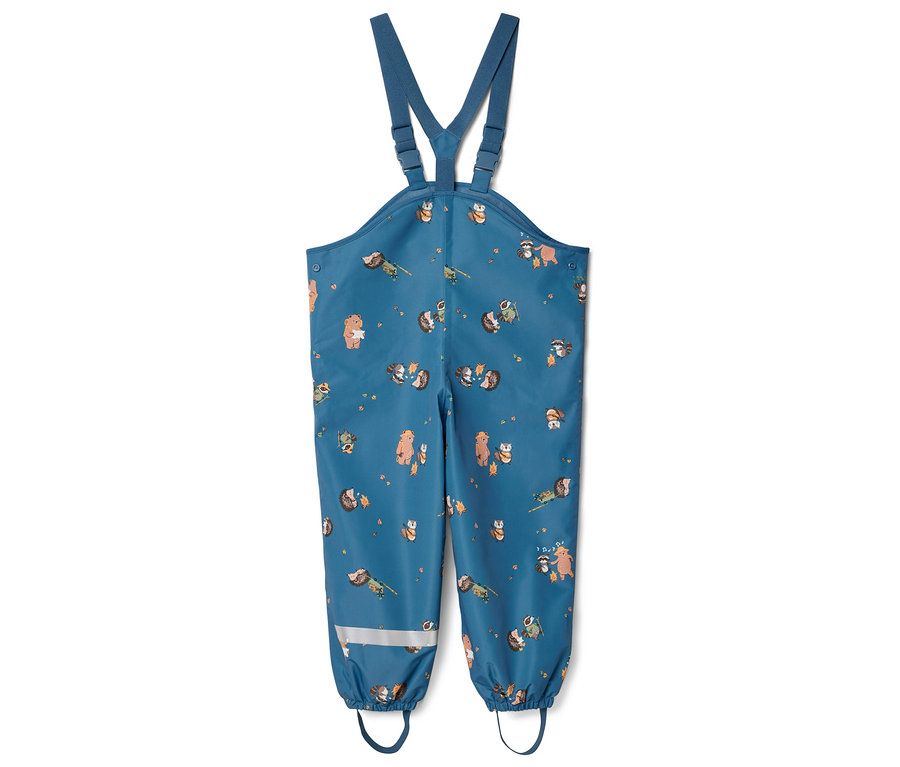 Blaue Matschhose mit Tierprint und Hosenträgern, auf weißem Hintergrund.