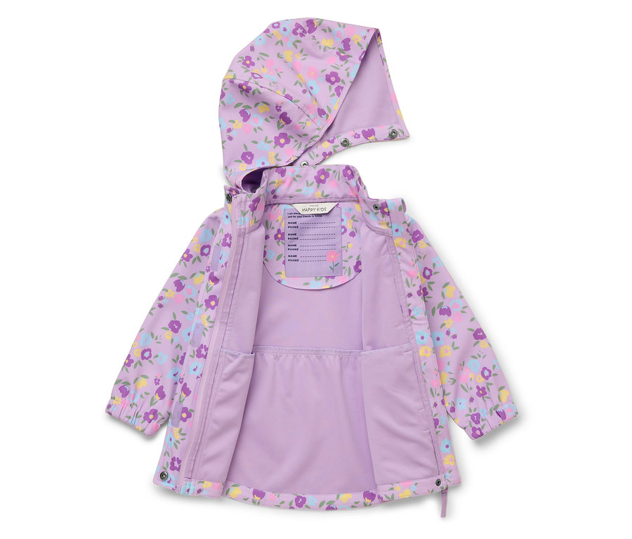 Geöffnete, helllila Kinderregenjacke mit Blumenmuster und Kapuze.
