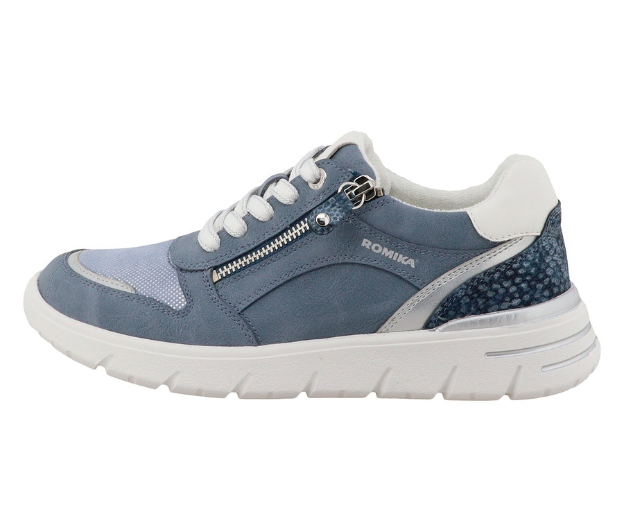 Ein einzelner blauer Romika Schuh mit weißer Sohle, Schnürsenkeln und Reißverschluss.