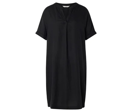 Ein schwarzes, kurzärmeliges Kleid mit V-Ausschnitt ist zu sehen.