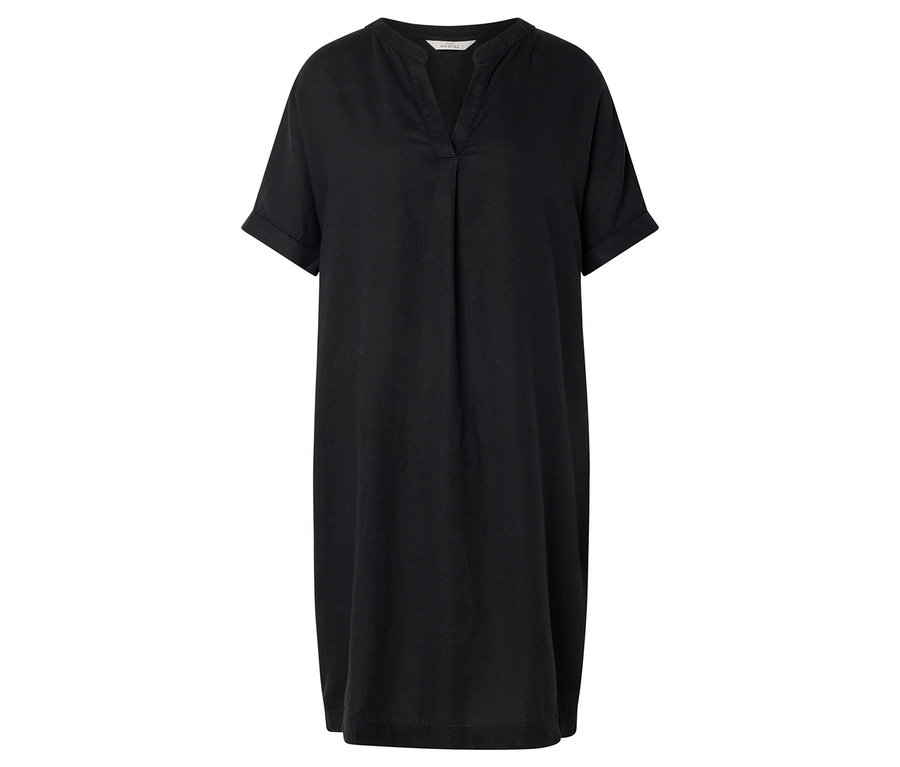 Ein schwarzes, kurzärmeliges Kleid mit V-Ausschnitt ist zu sehen.