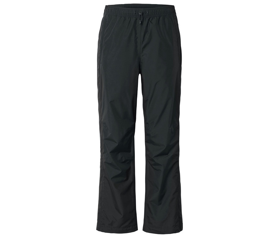 Schwarze Regenhose mit Gummizug und Kordelzug, vor einem weißen Hintergrund.