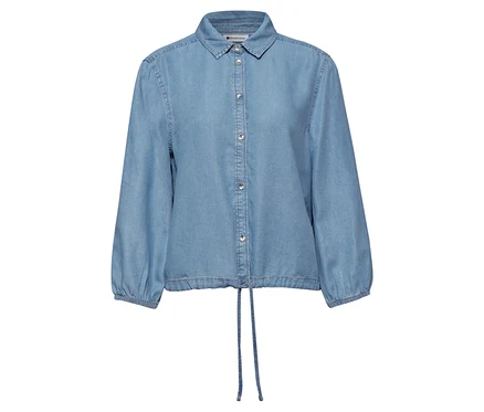 Hellblaues Jeanshemd mit langen Ärmeln, Knopfleiste und Kordelzug am Saum.