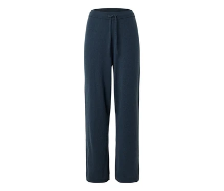 Dunkelblaue, weit geschnittene Strickhose mit Kordelzug in der Taille.