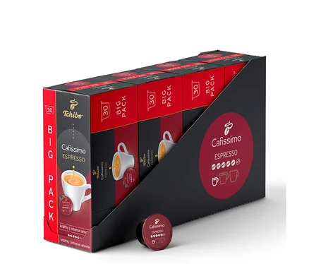 Ein schwarzer und roter Aufsteller mit 120 Tchibo Cafissimo Espresso kräftig Kapseln, mit einer einzelnen roten Kapsel davor.