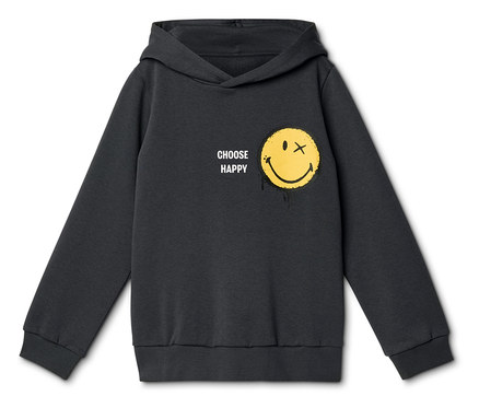 Dunkelgrauer Kapuzenpullover mit gelbem Smiley-Gesicht, das ein X als rechtes Auge und gelbe Farbtropfen hat, daneben der Text „CHOOSE HAPPY“.
