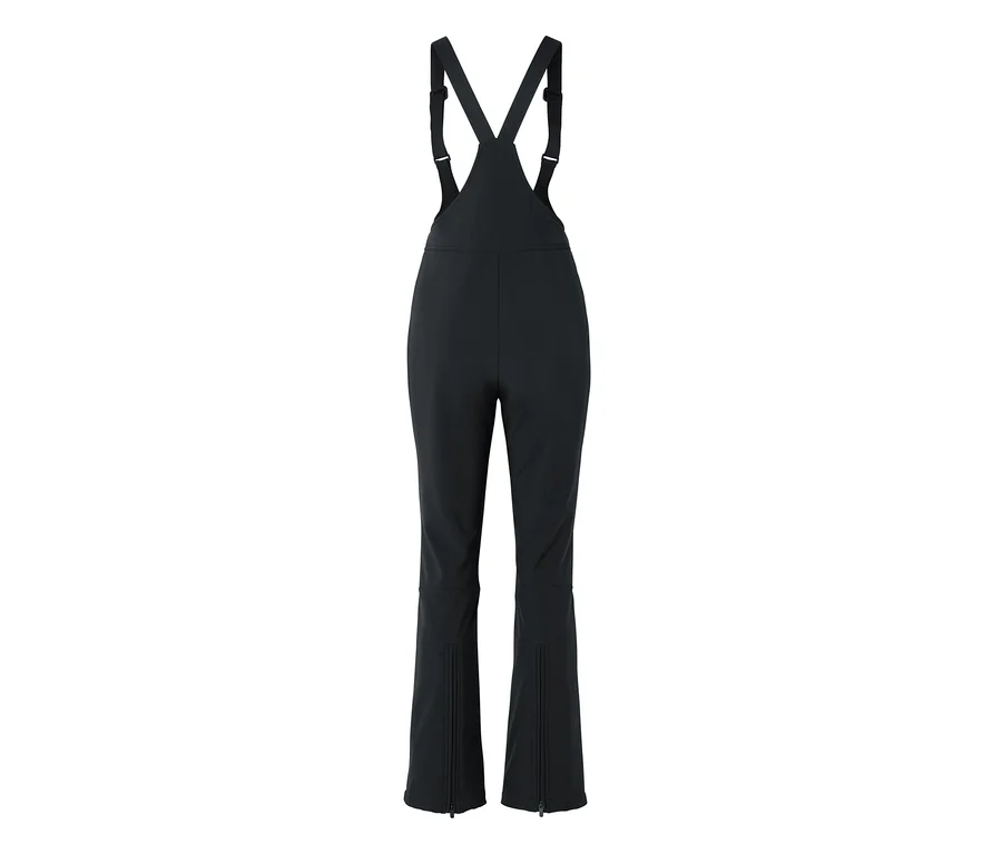 Schwarze Skihose mit Trägern, die sich am Rücken kreuzen, und leicht ausgestellten Beinen mit Reißverschlüssen an den Knöcheln.