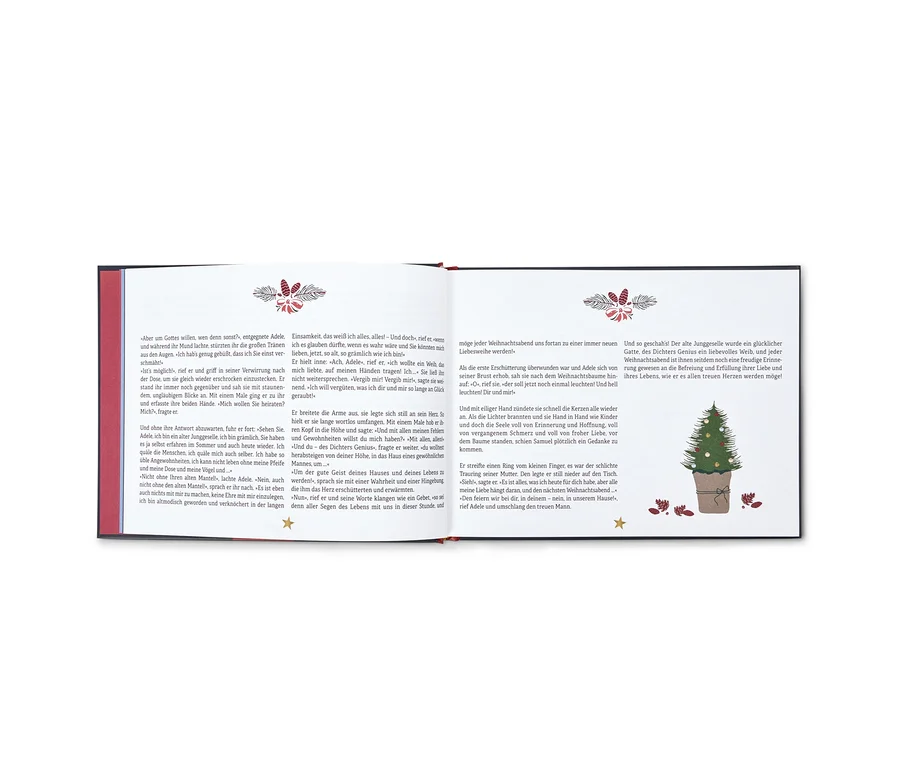 Aufgeschlagenes Buch mit einer Illustration eines Weihnachtsbaums und Text.