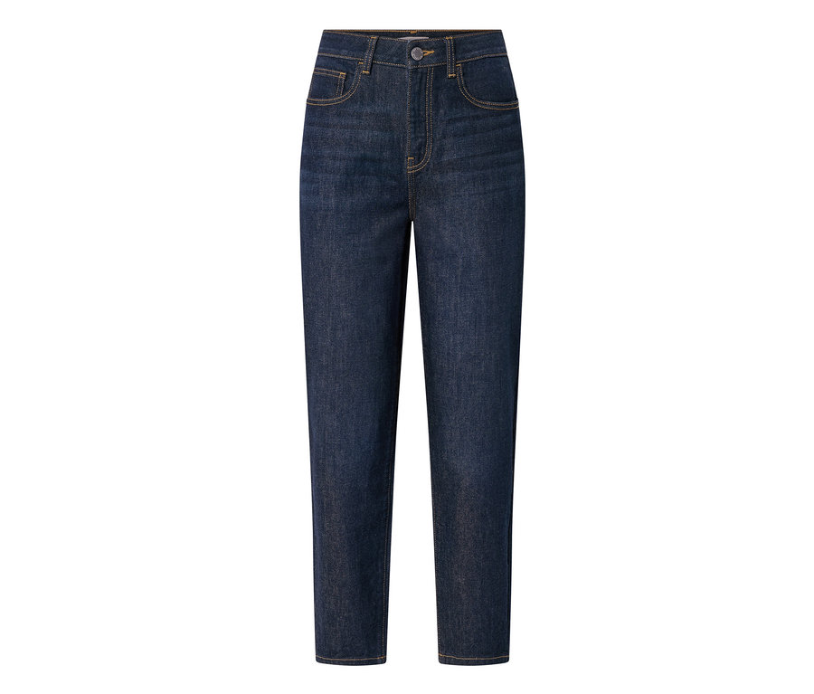 Dunkelblaue High-Waist-Jeans mit Knopfverschluss, Vordertaschen und gelb-orangen Kontrastnähten.