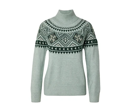 Hellgrüner Rollkragenpullover mit dunkelgrünem, weißem und hellbraunem Fair-Isle-Muster an Schultern und oberem Brustbereich.