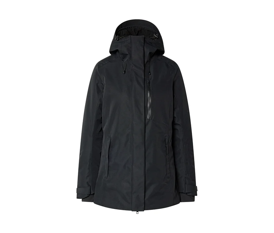 Schwarze Kapuzenjacke mit Reißverschluss vorne, Brustreißverschluss und Seitentaschen, auf weißem Hintergrund.