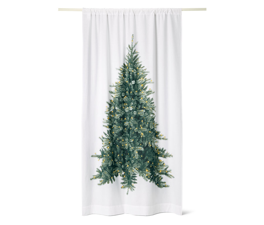 Weißer Motiv-Vorhang mit Weihnachtsbaum.