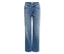 Blaue Jeans mit geradem Bein, sichtbaren Taschen und einem Bund mit „ONLY“-Etikett.
