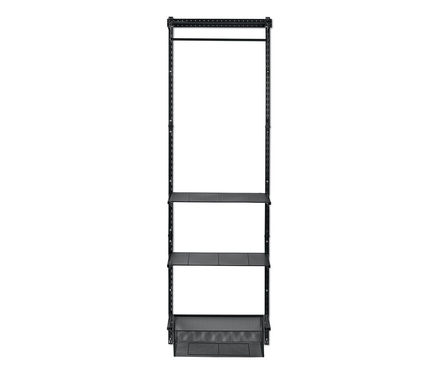 Schwarzes Wand-Regalsystem mit Kleiderstange und drei Regalböden.