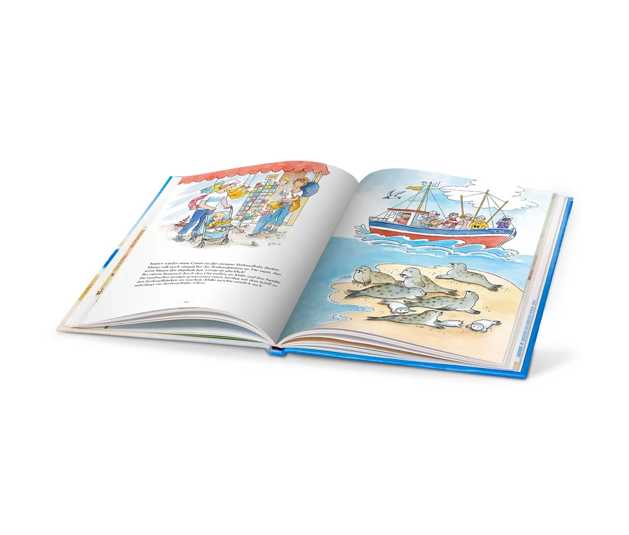 Aufgeschlagenes Buch mit Illustrationen von einem Markt und Seehunden, Buch »Die schönsten Feriengeschichten«.